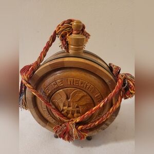 Vintage Wooden Flask Drinking Vessel Antique Hand Carved Wooden Flask w/Strap